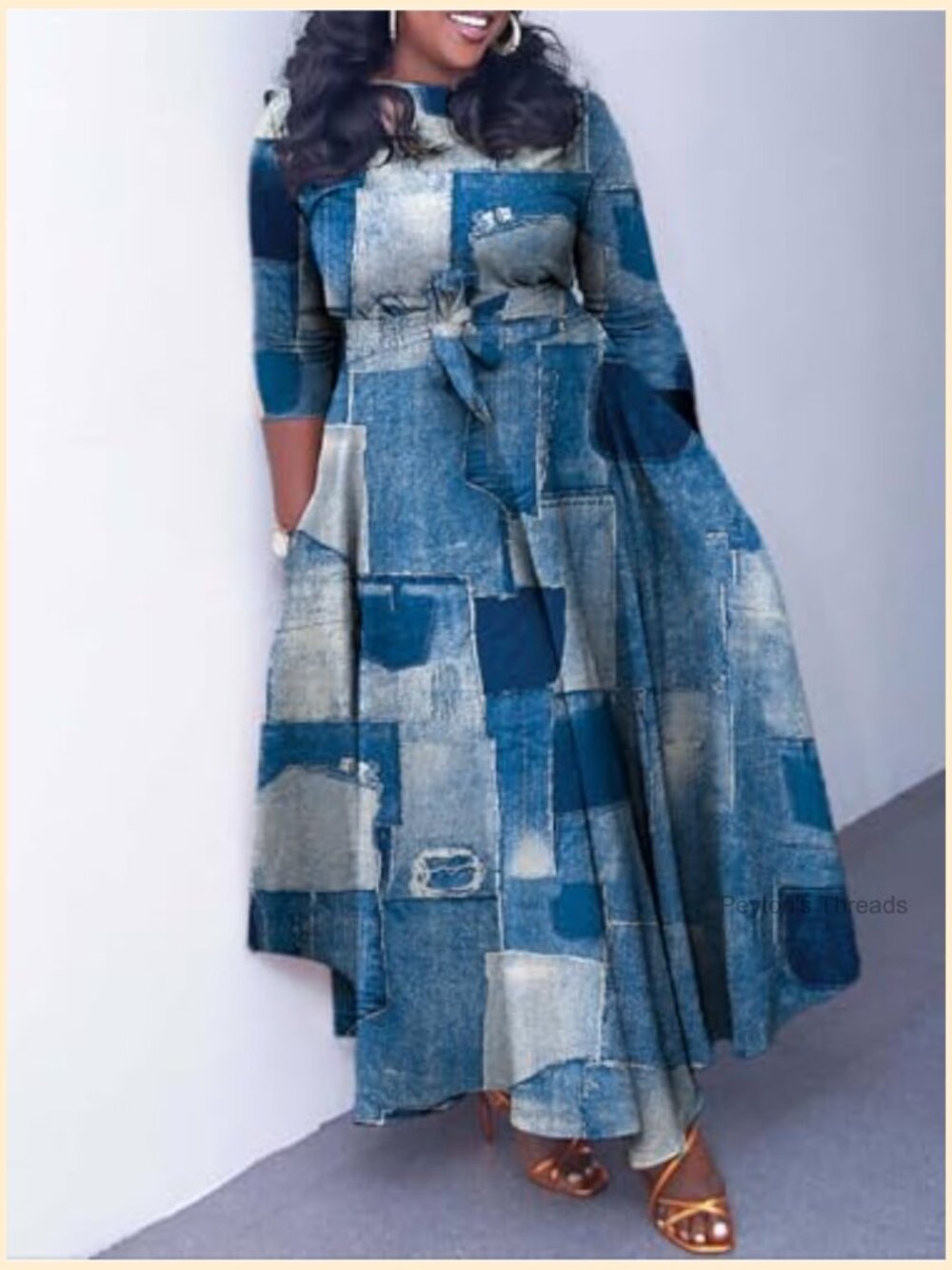 Plus Size A-Line Flowy Maxi Dress with Pockets 3/4 Sleeve - Picture 3 of 3